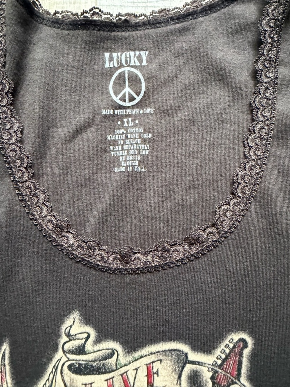 Lucky Brand Black Lace-Trim Rock & Roll Graphic Tank size XL new condition. - Picture 3 of 4